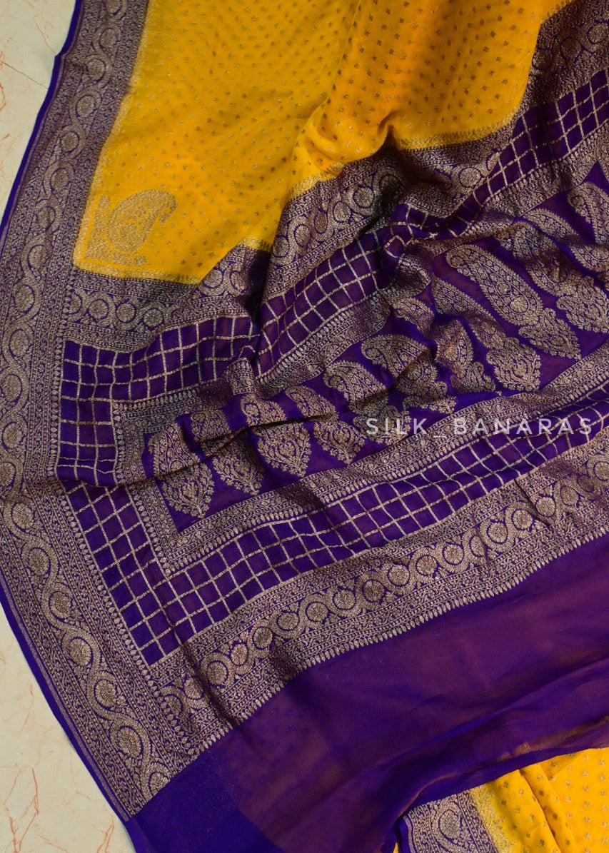 Pure khaddi Georgette in Yellow and Purple Combination