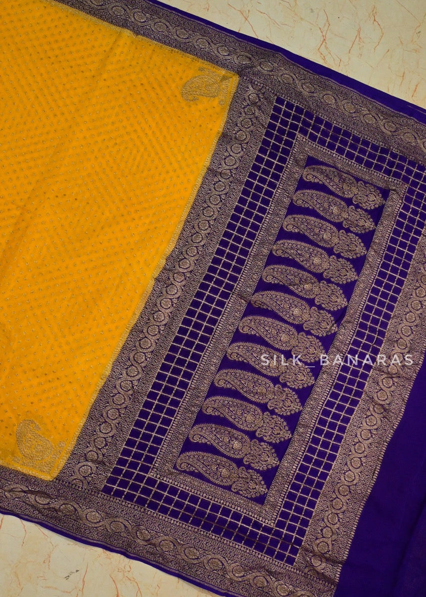 Pure khaddi Georgette in Yellow and Purple Combination