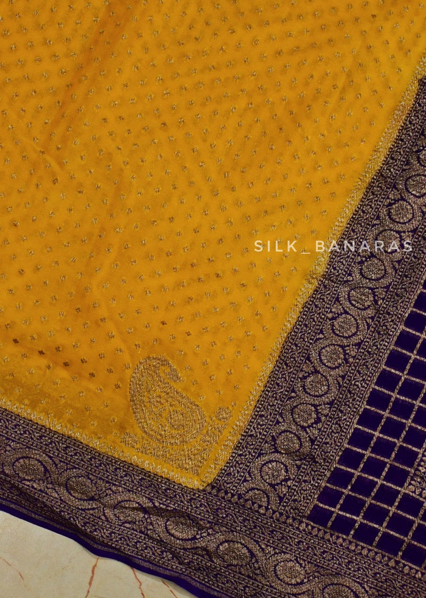 Pure khaddi Georgette in Yellow and Purple Combination