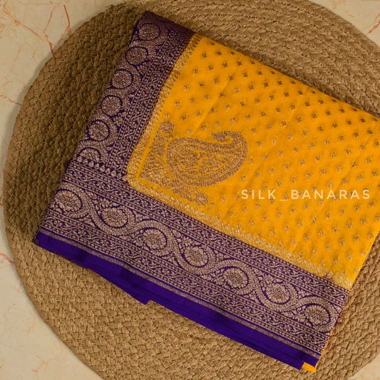 Pure khaddi Georgette in Yellow and Purple Combination