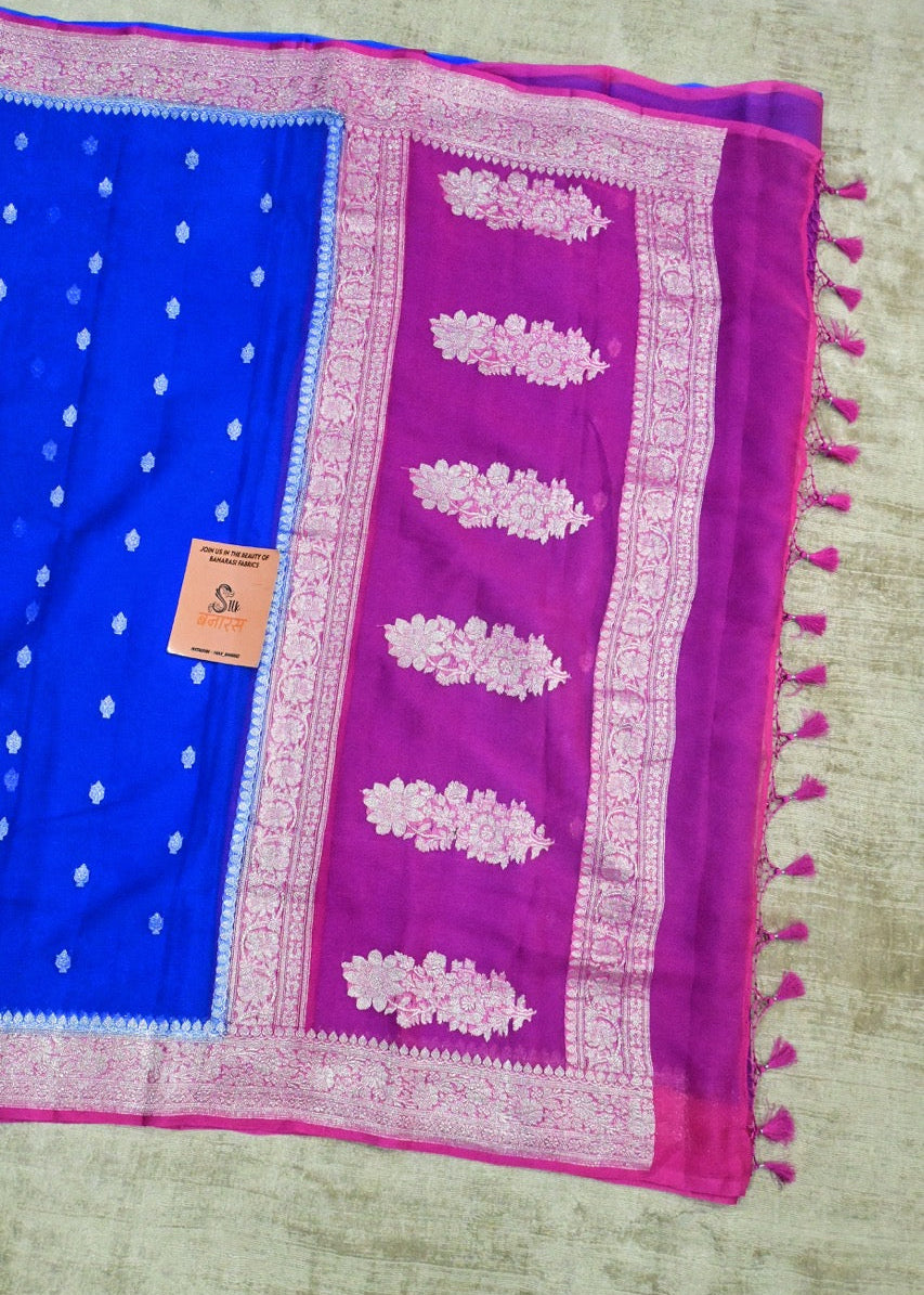 Royal Blue and Pink Handwoven Pure Khaddi Chiffon Saree