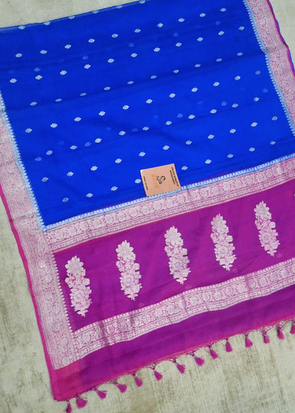 Royal Blue and Pink Handwoven Pure Khaddi Chiffon Saree