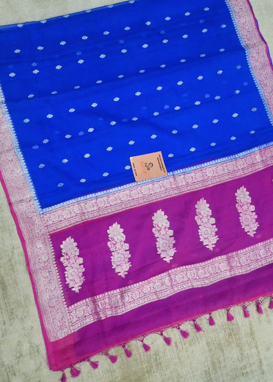 Royal Blue and Pink Handwoven Pure Khaddi Chiffon Saree