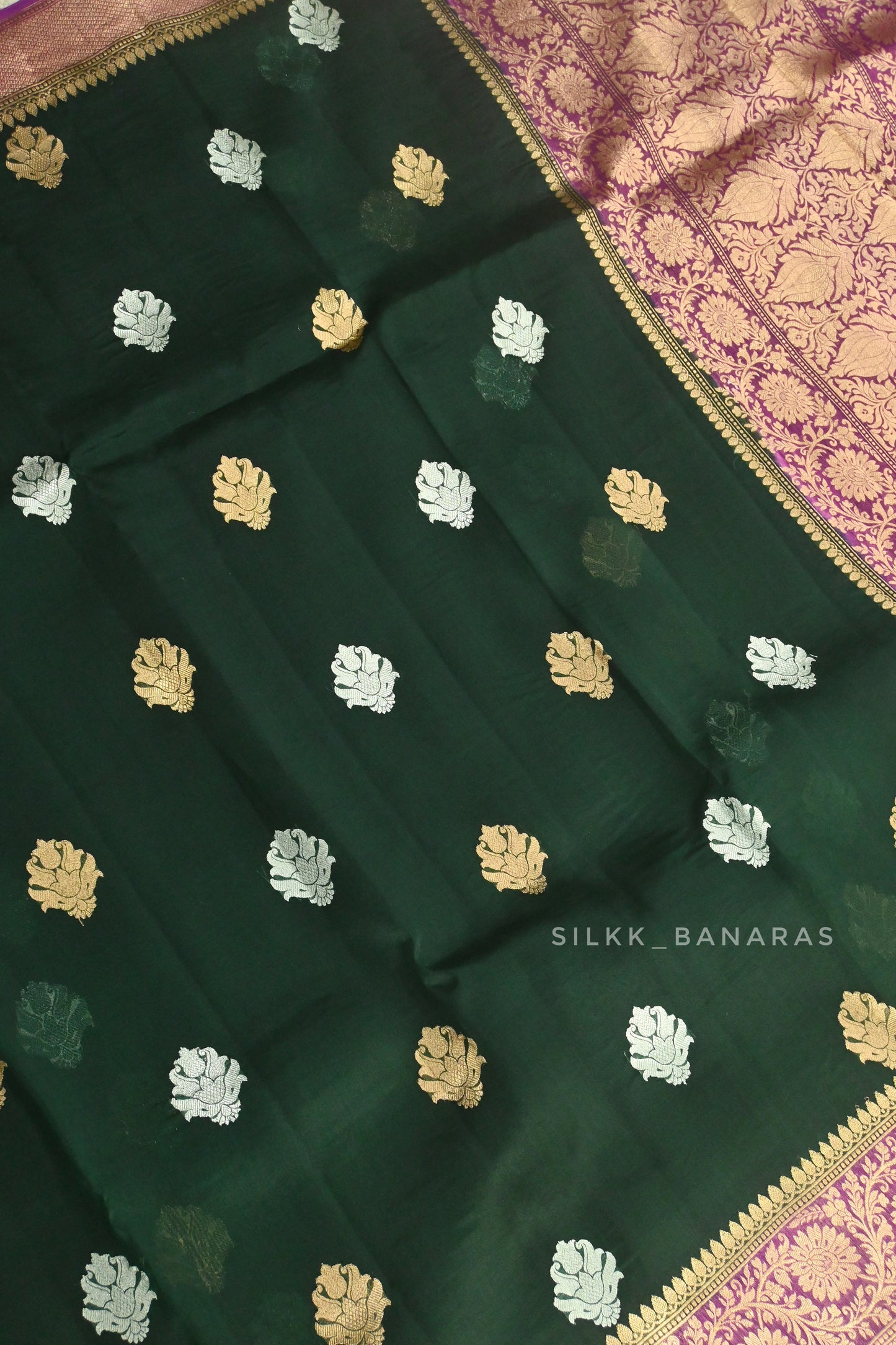 Bottle Green and Pink Kora Silk Saree