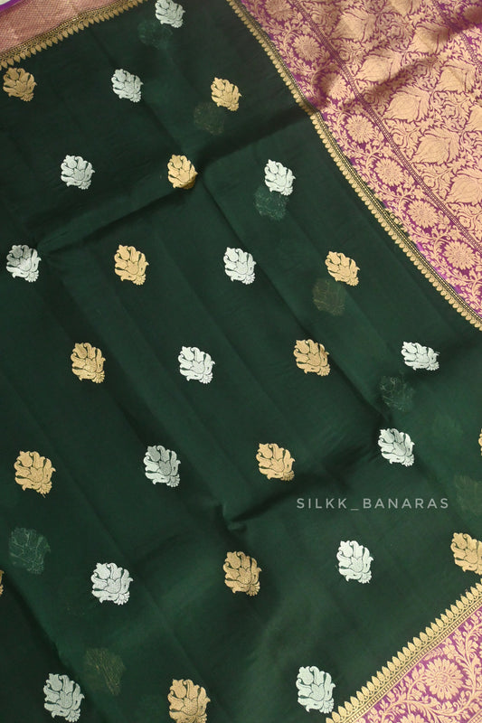 Bottle Green and Pink Kora Silk Saree