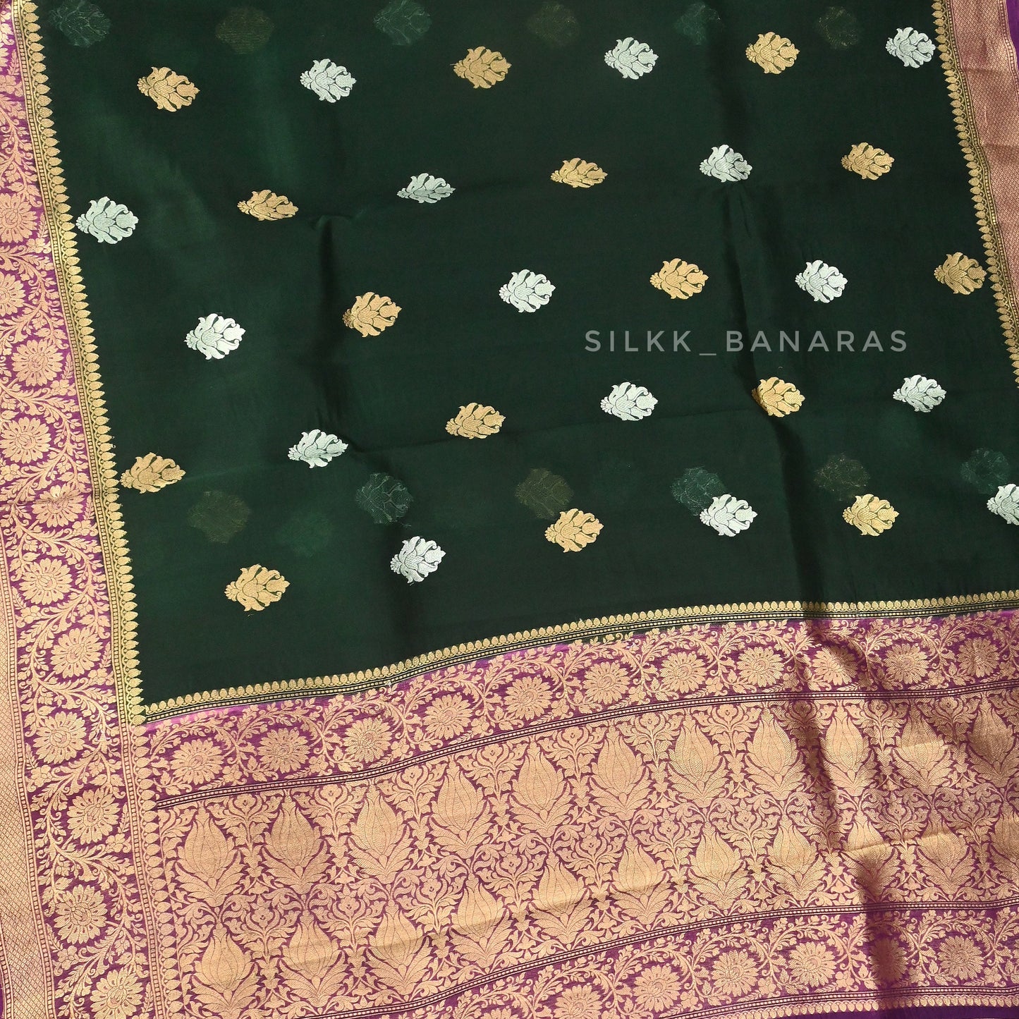 Bottle Green and Pink Kora Silk Saree