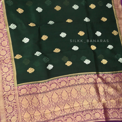 Bottle Green and Pink Kora Silk Saree