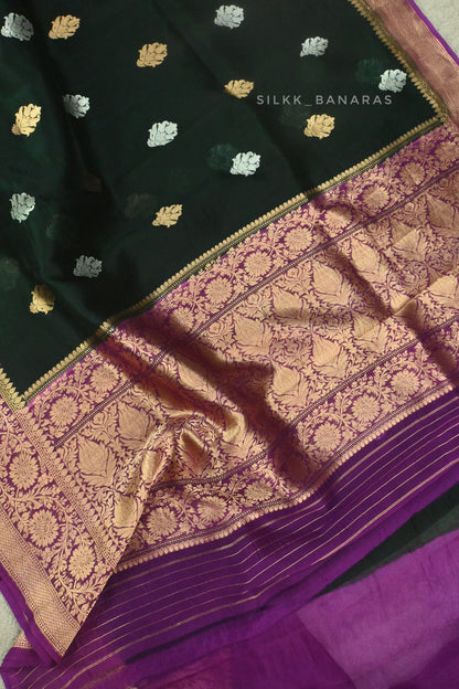 Bottle Green and Pink Kora Silk Saree