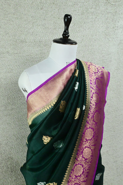 Bottle Green and Pink Kora Silk Saree