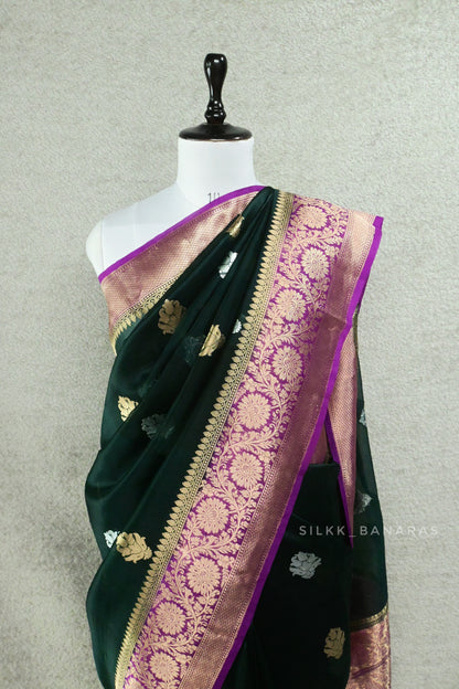 Bottle Green and Pink Kora Silk Saree