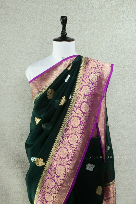 Handwoven Bottle Green Banarasi Organza Silk Saree