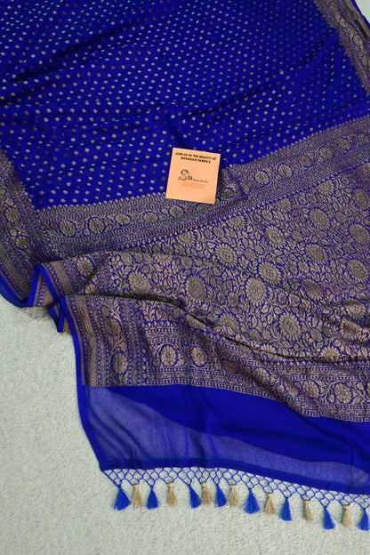 Handwoven pure deep royal blue Khaddi Georgette saree