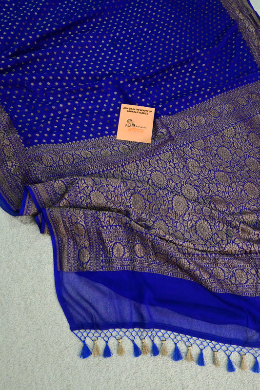 Handwoven pure deep royal blue Khaddi Georgette saree