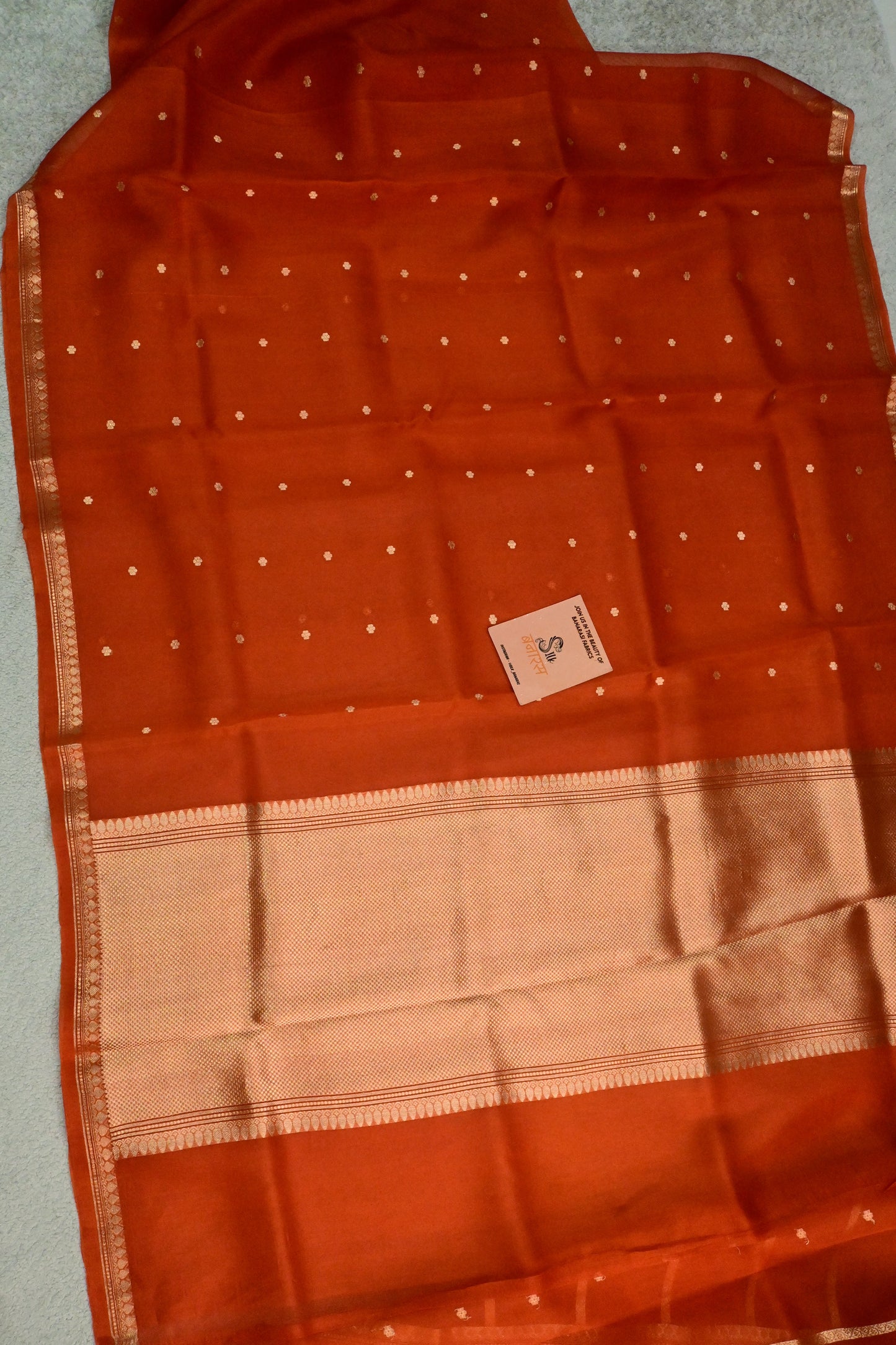 Beautiful rust orange handwoven Kora Silk Saree