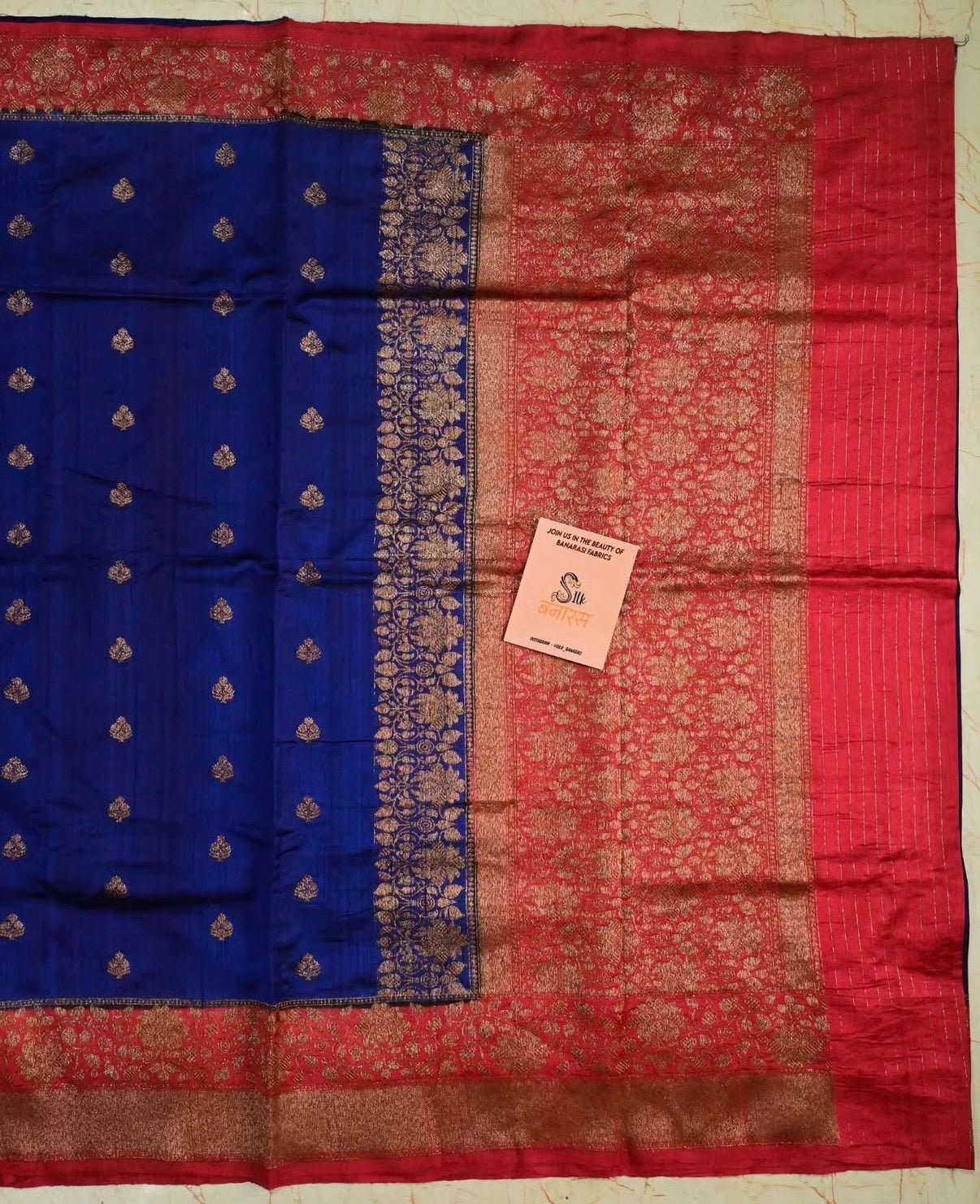 Royal Blue & Crimson Red Handloom Pure Raw Silk Banarasi Saree with Antique Zari