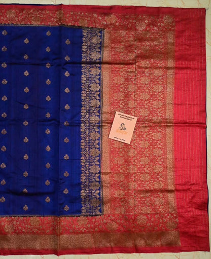 Royal Blue & Crimson Red Handloom Pure Raw Silk Banarasi Saree with Antique Zari