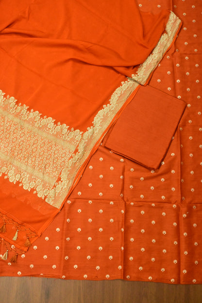 Rust Orange Handwoven Pure Khaddi Georgette Banarasi Suit Set with Gold Zari
