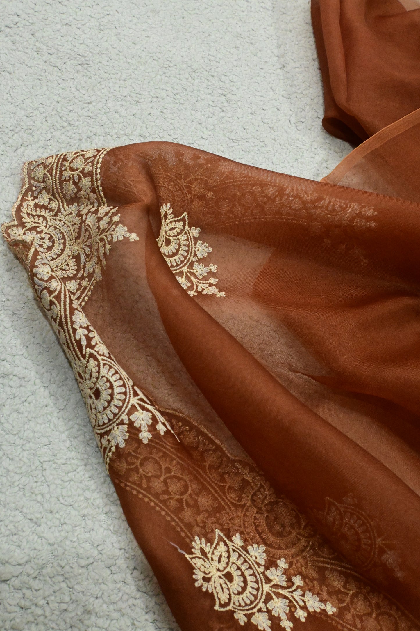 Rust Brown Handwoven Pure Organza Saree with Intricate Gold Embroidery & Scalloped Cutwork Border