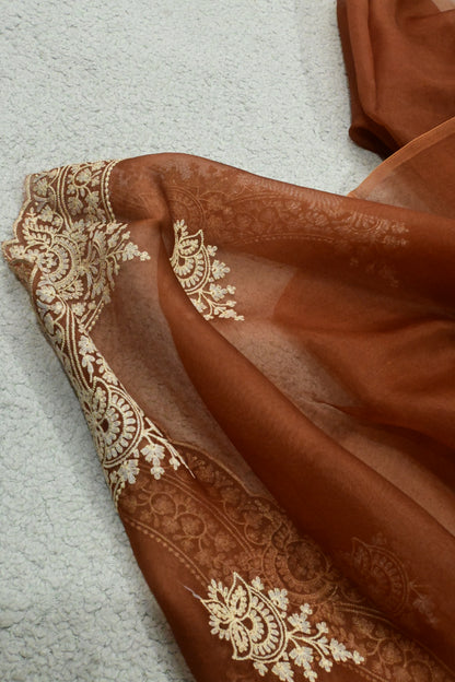 Rust Brown Handwoven Pure Organza Saree with Intricate Gold Embroidery & Scalloped Cutwork Border