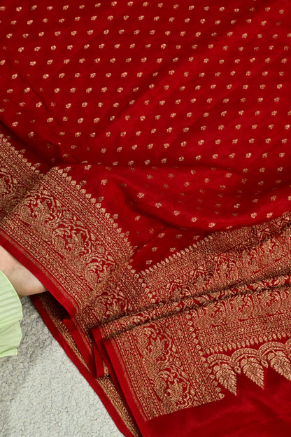 Handwoven Pure Crepe Banarasi Saree in Crimson Red with Antique Zari Weave