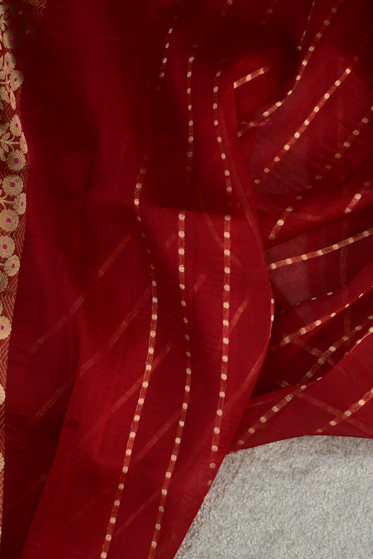 Handloom Red Pure Kora Silk Saree with Gold Zari Weave