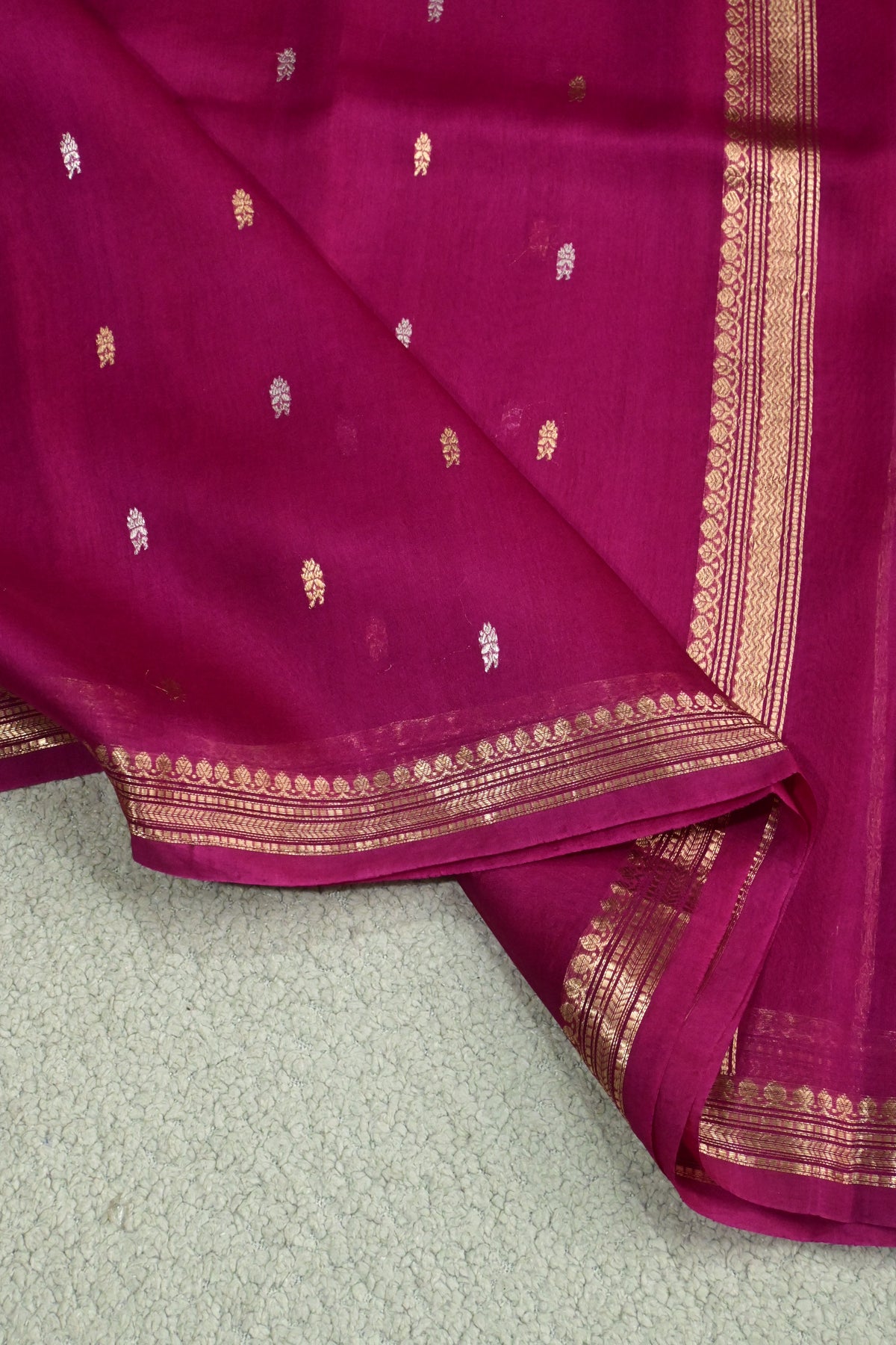 Handwoven Pure Kora Silk Saree in Magenta with Gold & Silver Zari Work