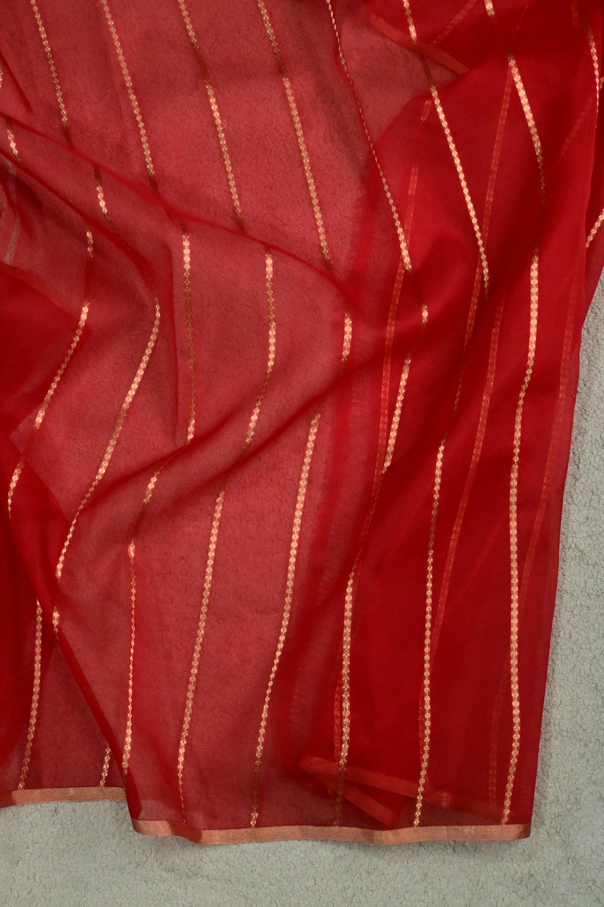 Handloom Pure Kora Silk Banarasi Saree in Red with Gold Zari Polka Dots