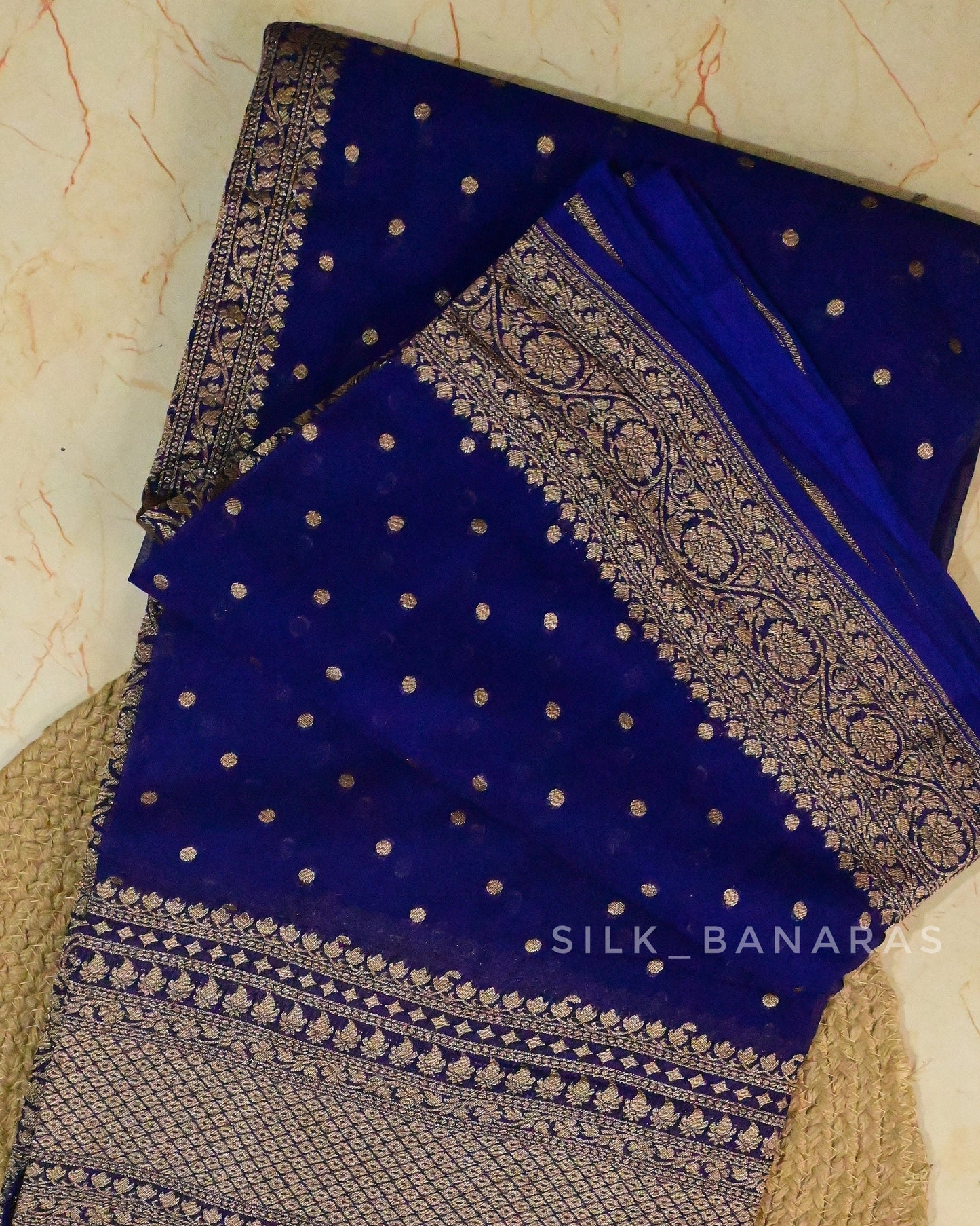 Pure Khaddi Georgette Wide Border Saree in Dark Blue Shade