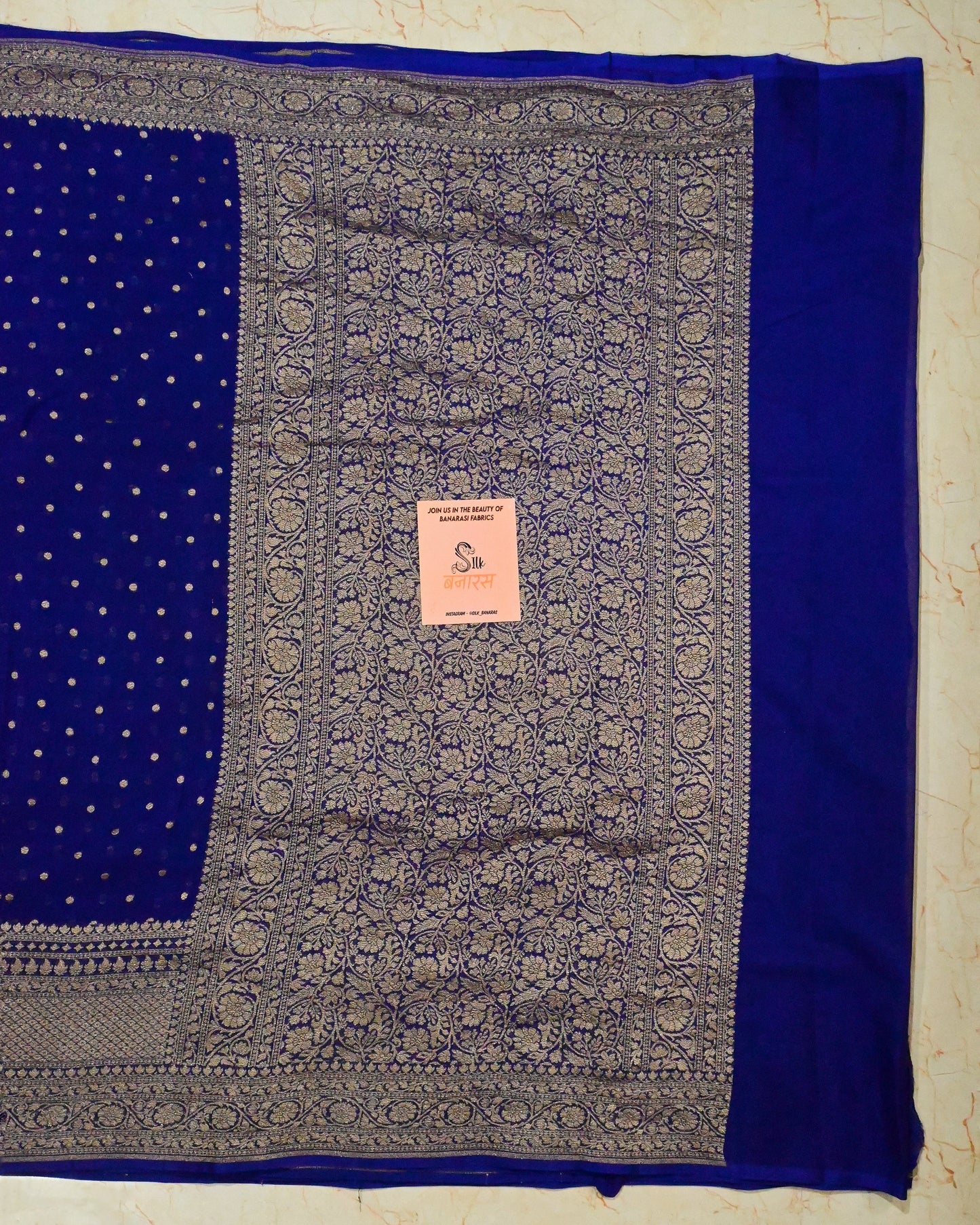 Pure Khaddi Georgette Wide Border Saree in Dark Blue Shade