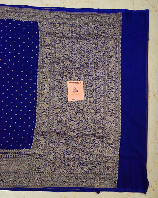 Pure Khaddi Georgette Wide Border Saree in Dark Blue Shade