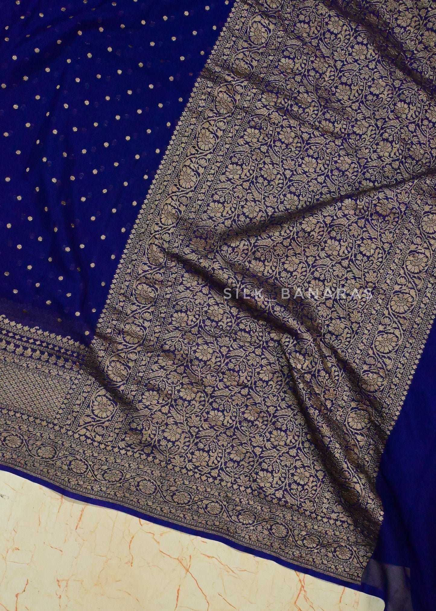 Pure Khaddi Georgette Wide Border Saree in Dark Blue Shade