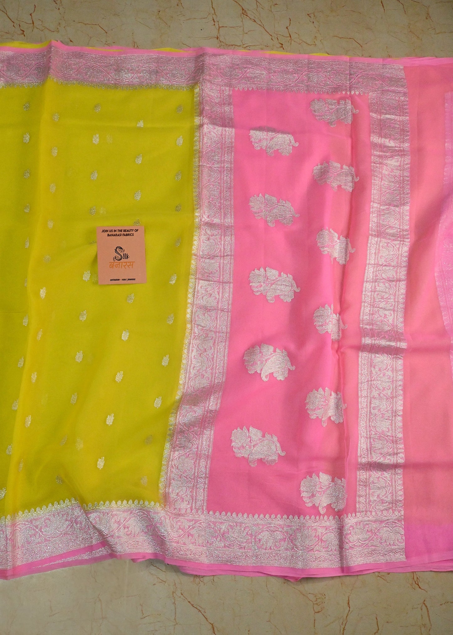 Chiffon Lemon and Pink Saree