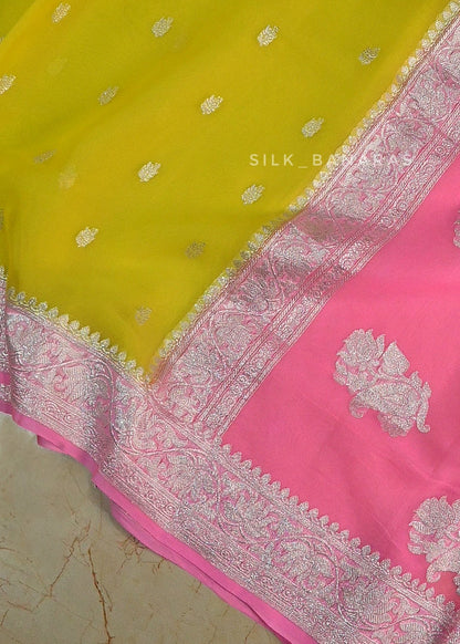 Chiffon Lemon and Pink Saree