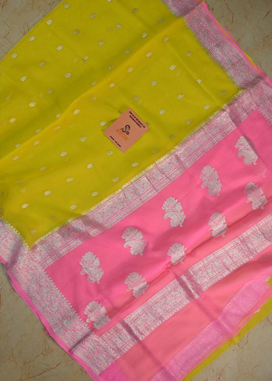 Chiffon Lemon and Pink Saree
