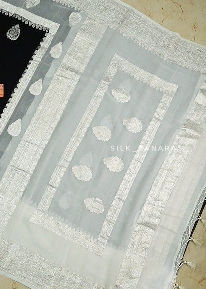 Black and White Premium Pure Khaddi Georgette Double Border Saree
