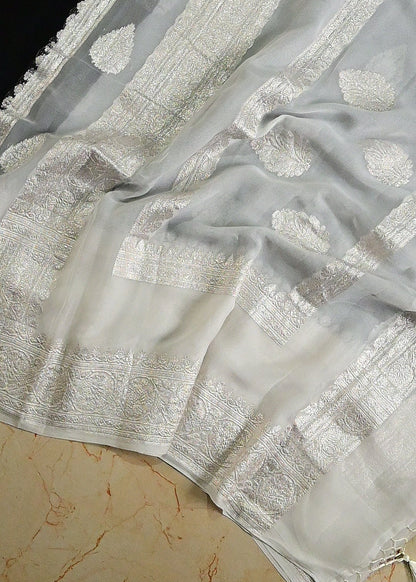Black and White Premium Pure Khaddi Georgette Double Border Saree