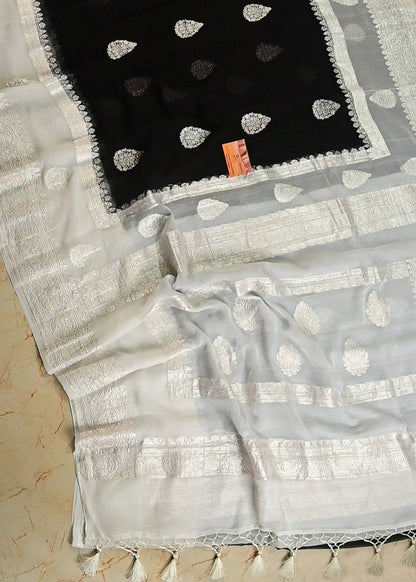 Black and White Premium Pure Khaddi Georgette Double Border Saree
