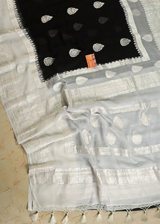 Black and White Premium Pure Khaddi Georgette Double Border Saree