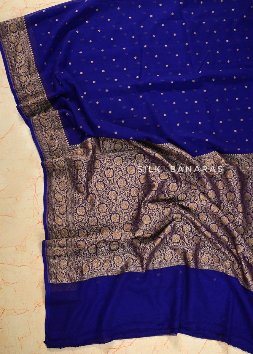Royal Blue Georgette Antique Zari Saree