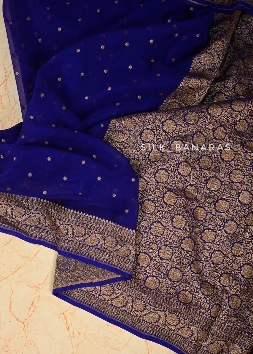 Royal Blue Georgette Antique Zari Saree