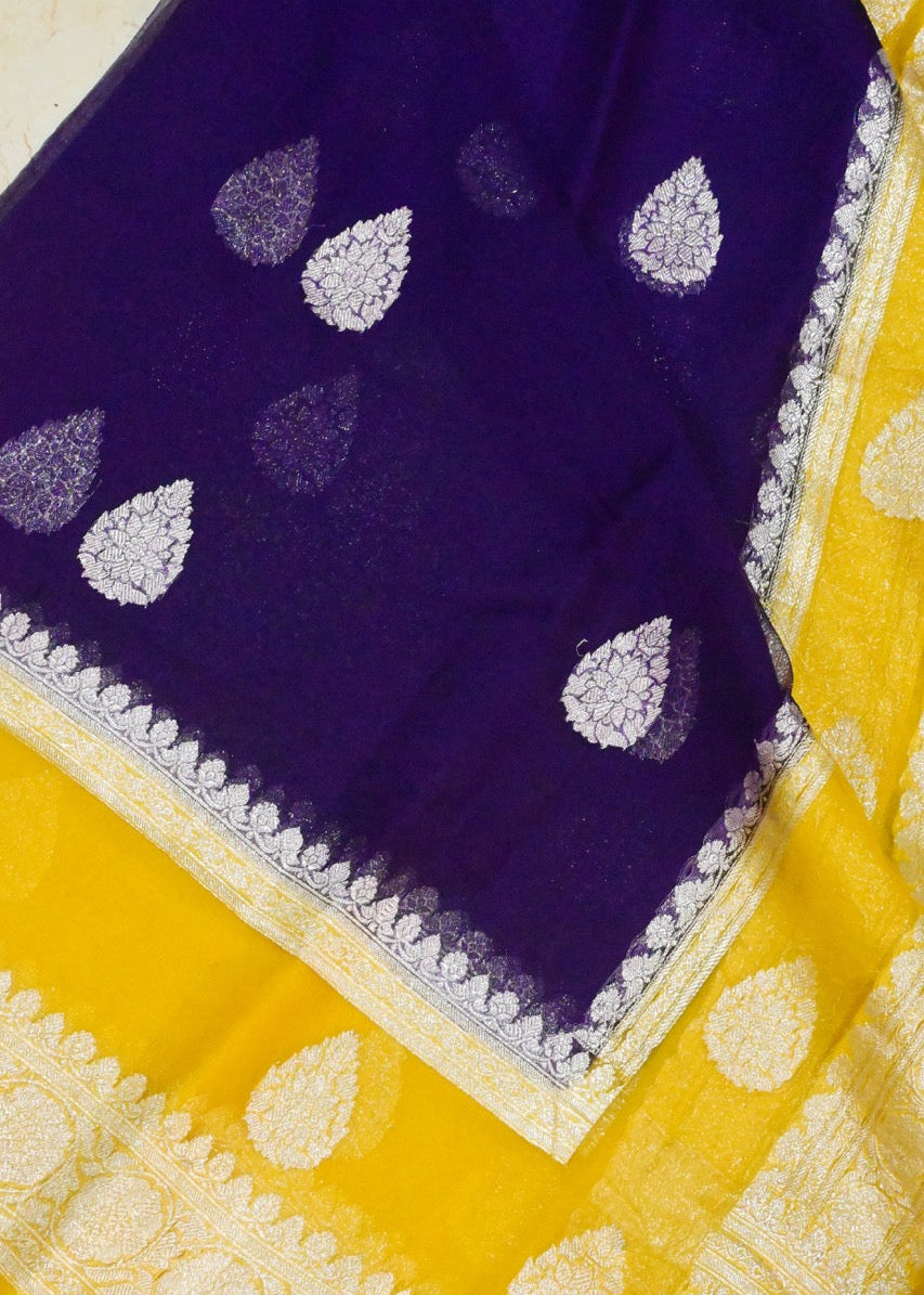 Hand Woven Purple and Yellow Georgette Saree