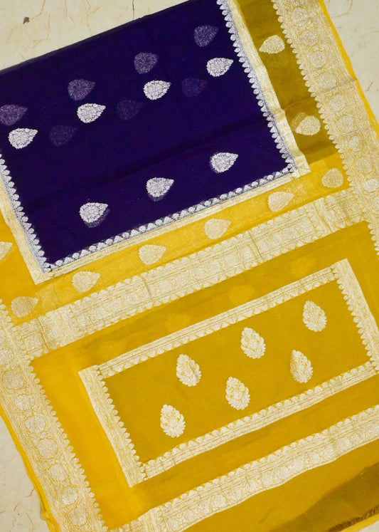 Hand Woven Purple and Yellow Georgette Saree