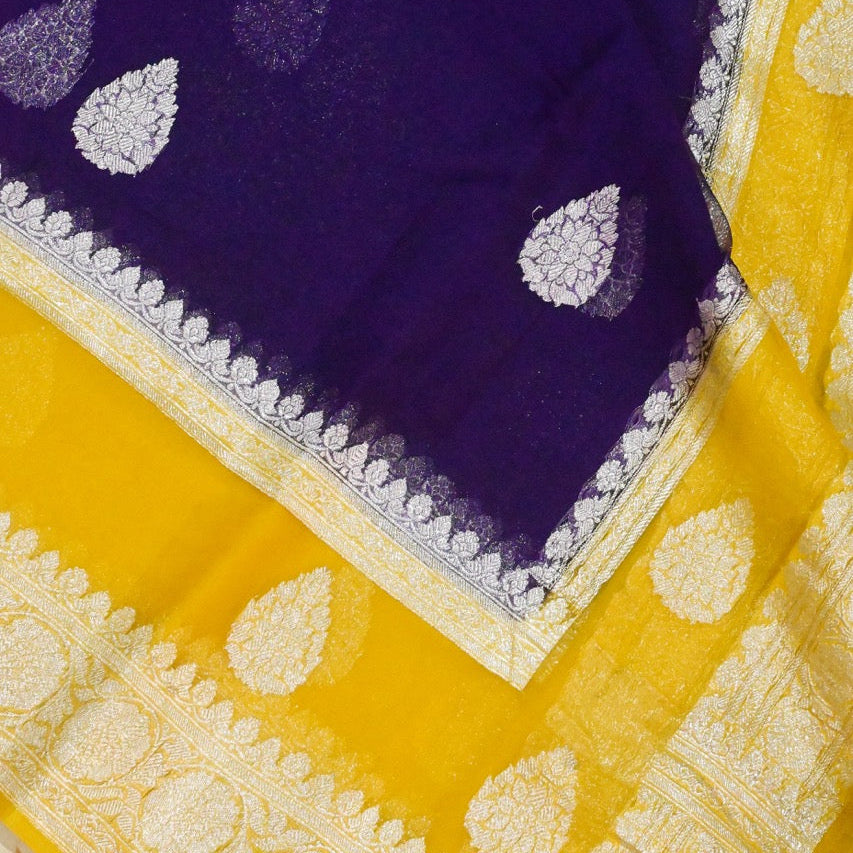 Hand Woven Purple and Yellow Georgette Saree