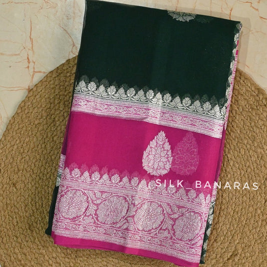 Handwoven Georgette in Bottle Green and Pink Shade