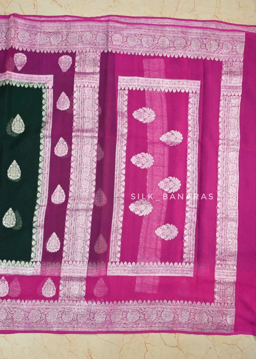 Handwoven Georgette in Bottle Green and Pink Shade