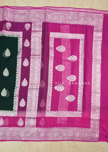 Handwoven Georgette in Bottle Green and Pink Shade
