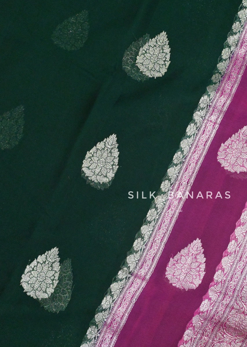 Handwoven Georgette in Bottle Green and Pink Shade