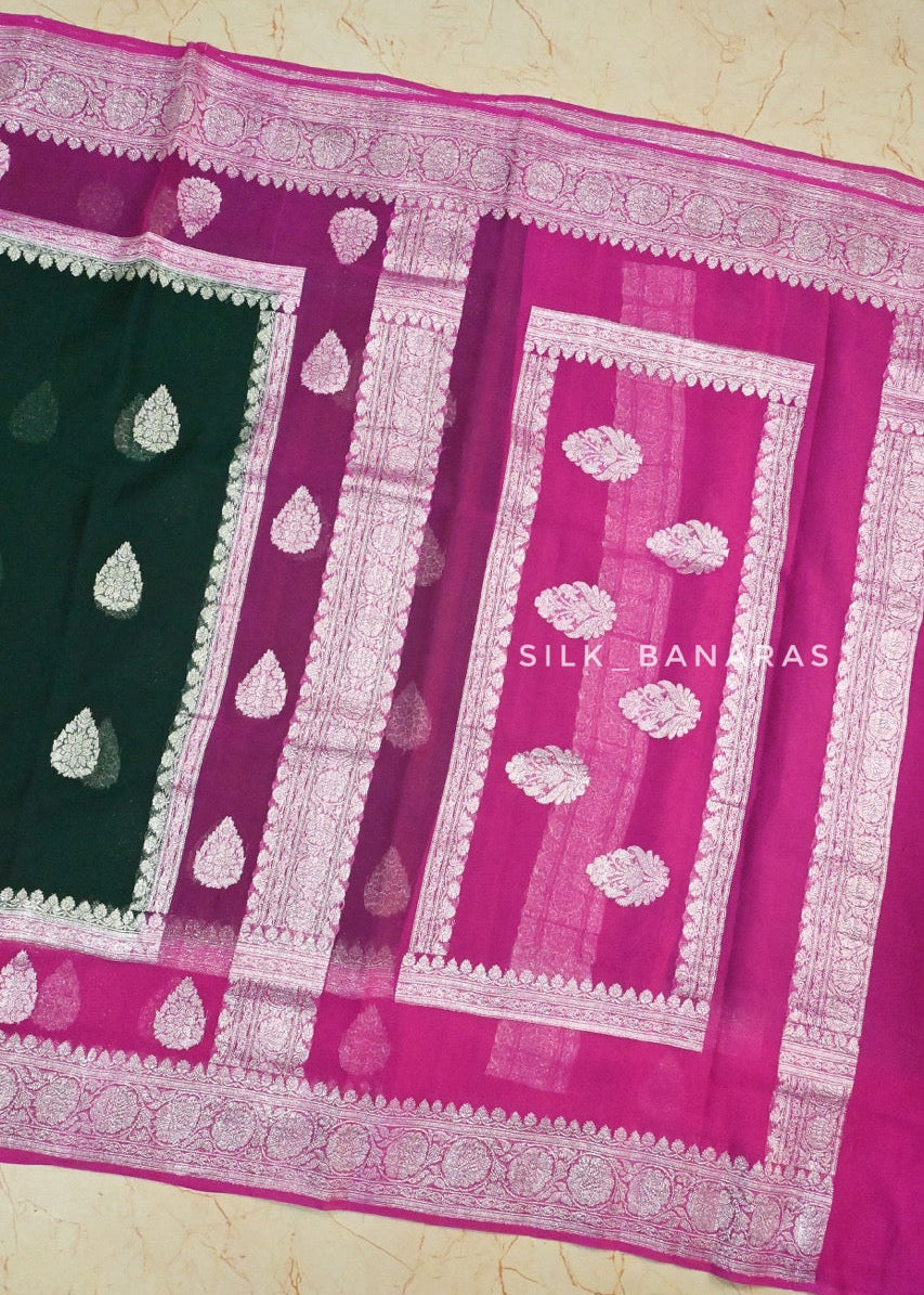 Handwoven Georgette in Bottle Green and Pink Shade