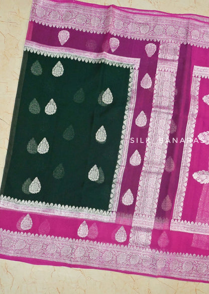 Handwoven Georgette in Bottle Green and Pink Shade