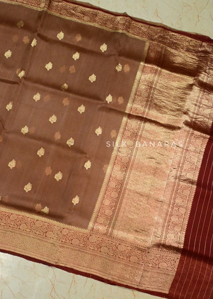 Handwoven Brown Banarasi Organza Silk Saree